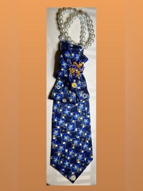 Blue Floral Silk Tie with Gold & Blue Rhinestone Brooches